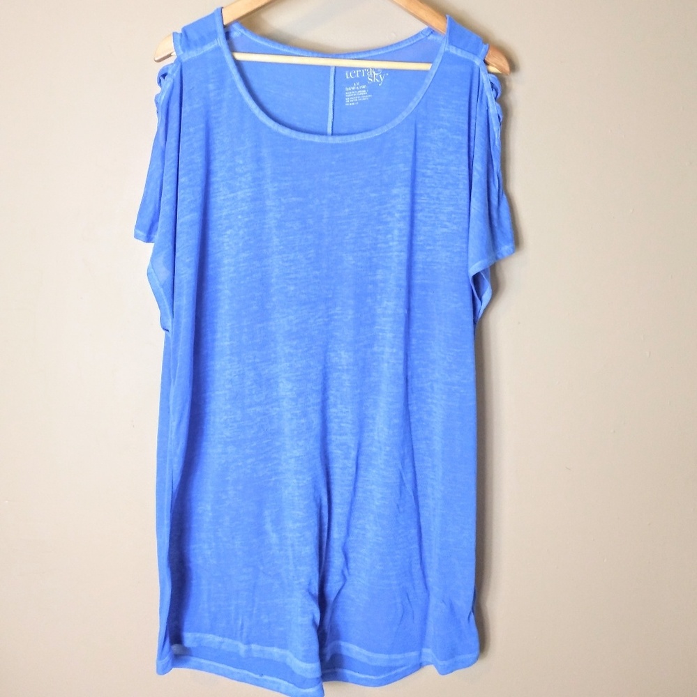 TERRA & SKY sz 1X blue tunic cold shoulder top
